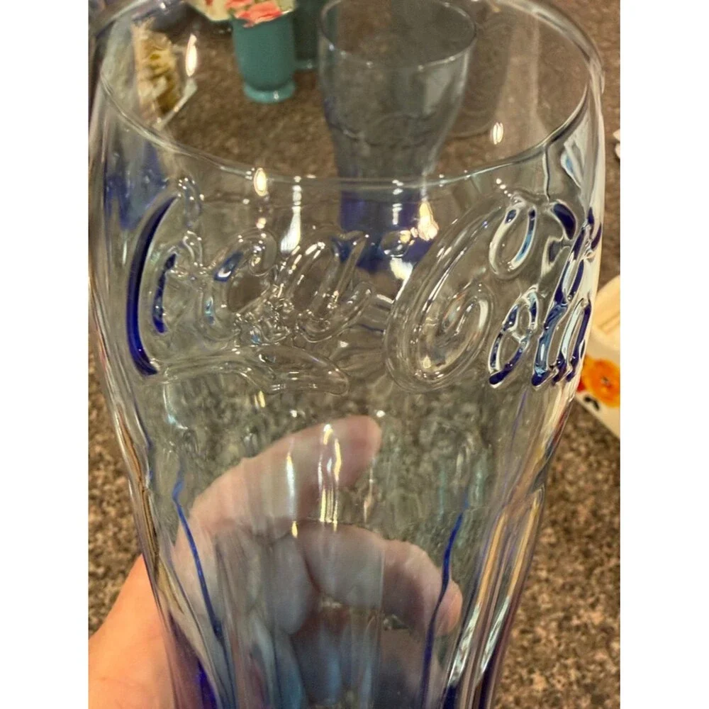Vtg Coca-Cola Rare Cobalt Blue Ribbed Contour Shape Glasses with Embossed Script